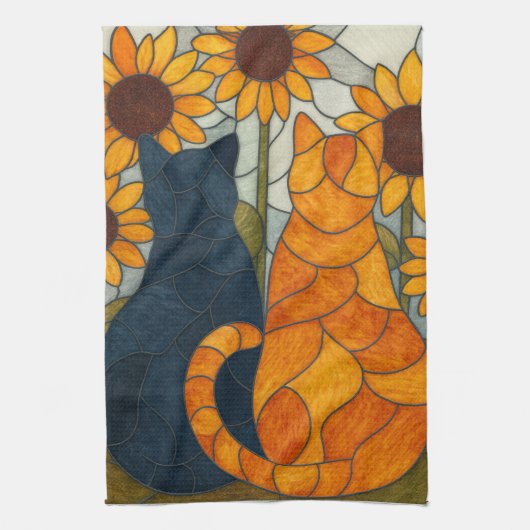 Stained Glass Cats and Sunflowers Art Design キッチンタオル (縦)