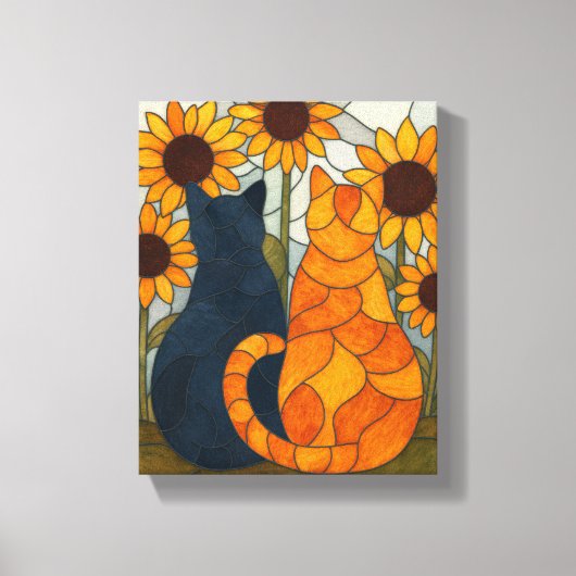 Stained Glass Cats and Sunflowers Art Design キャンバスプリント (正面)