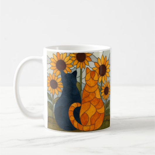 Stained Glass Cats and Sunflowers Art Design コーヒーマグカップ (左)