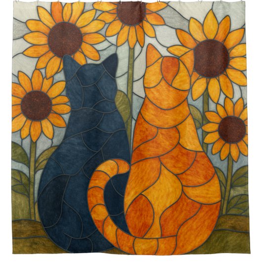 Stained Glass Cats and Sunflowers Art Design シャワーカーテン (正面)