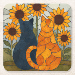 Stained Glass Cats and Sunflowers Art Design スクエアペーパーコースター