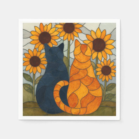 Stained Glass Cats and Sunflowers Art Design スタンダードカクテルナプキン (正面)
