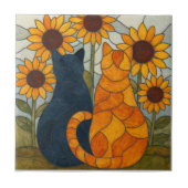 Stained Glass Cats and Sunflowers Art Design タイル (正面)