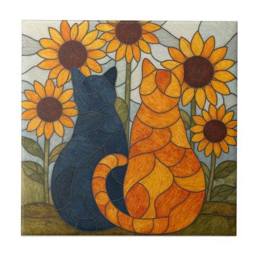 Stained Glass Cats and Sunflowers Art Design タイル (正面)