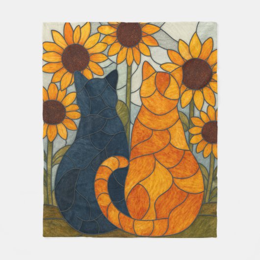 Stained Glass Cats and Sunflowers Art Design フリースブランケット (正面)