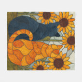Stained Glass Cats and Sunflowers Art Design フリースブランケット (正面(横))