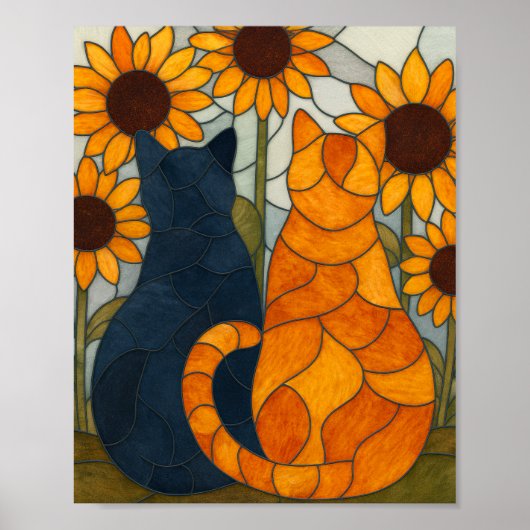 Stained Glass Cats and Sunflowers Art Design ポスター (正面)