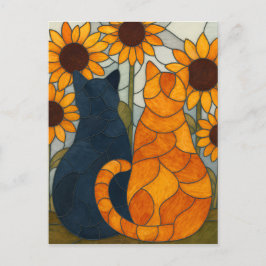 Stained Glass Cats and Sunflowers Art Design ポストカード