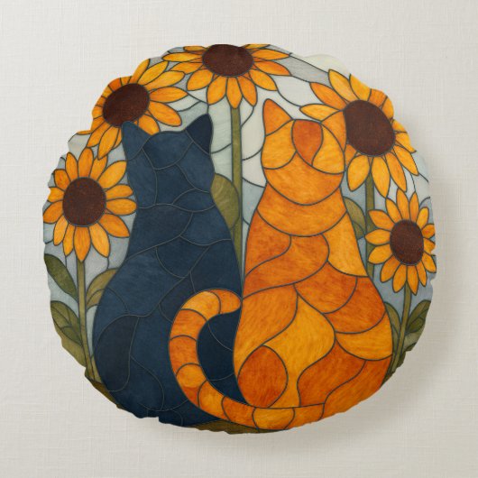 Stained Glass Cats and Sunflowers Art Design ラウンドクッション (正面)