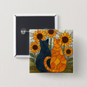 Stained Glass Cats and Sunflowers Art Design 缶バッジ (正面&裏面)