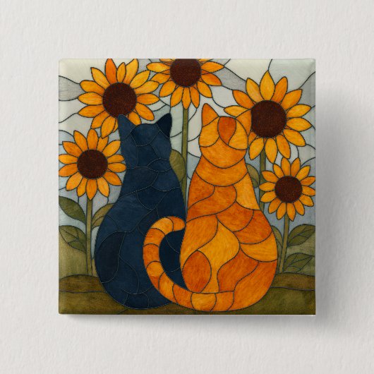 Stained Glass Cats and Sunflowers Art Design 缶バッジ (正面)