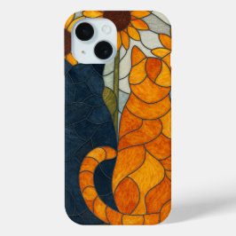 Stained Glass Cats and Sunflowers Art Design iPhone 15ケース