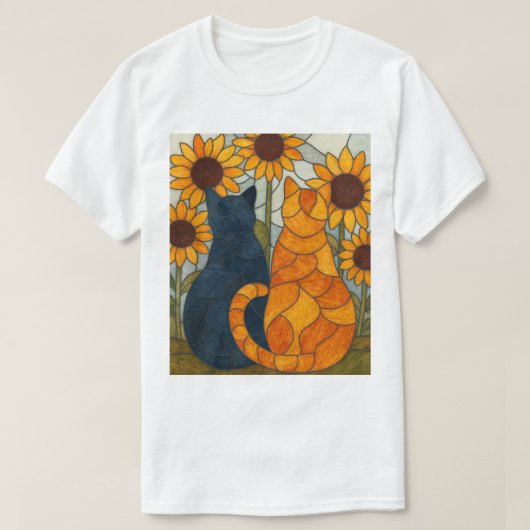 Stained Glass Cats and Sunflowers Art Design Tシャツ (デザイン正面)