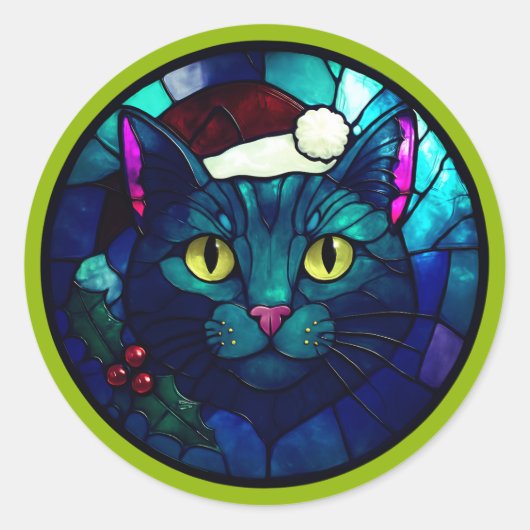 Stained-Glass Christmas Black Cat In Red Hat ラウンドシール (正面)