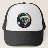 Stained-Glass Christmas Grey Tabby In Green Hat キャップ (正面)