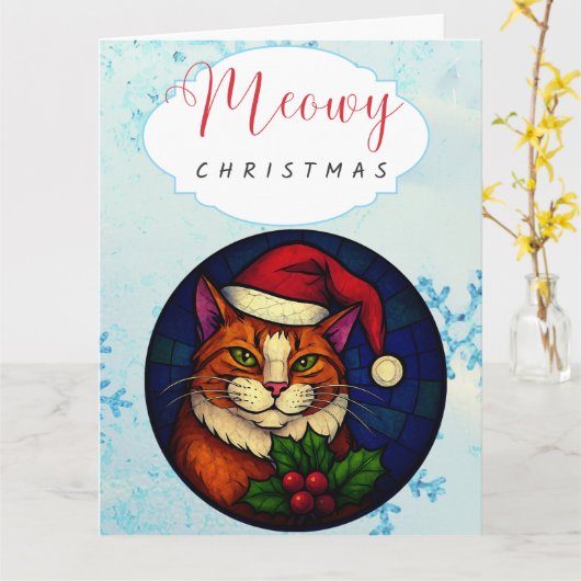 Stained-Glass Christmas Orange Tabby Cat カード (黄色い花)