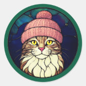 Stained-Glass Christmas Tabby Cat In Pink Cap ラウンドシール (正面)