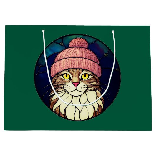 Stained-Glass Christmas Tabby Cat In Pink Cap ラージペーパーバッグ (正面)