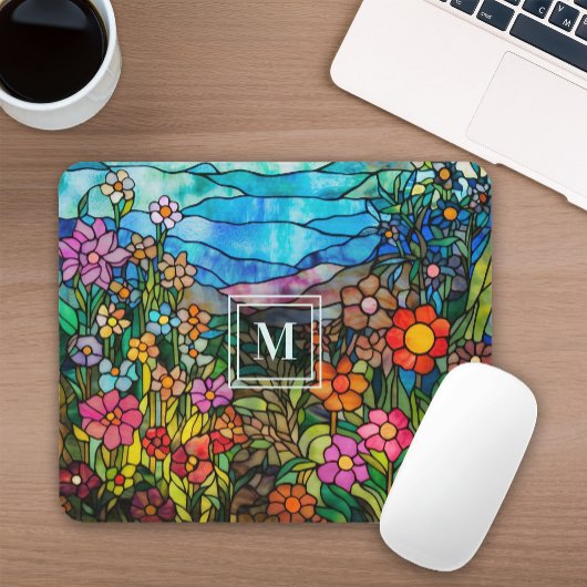 Stained Glass Colorful Floral Monogram Mousepad マウスパッド