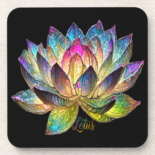 Stained Glass Colorful Lotus Flower on Black コースター (正面)