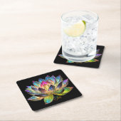 Stained Glass Colorful Lotus Flower on Black スクエアペーパーコースター (インサイチュ)