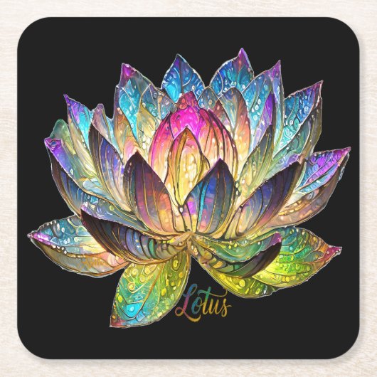 Stained Glass Colorful Lotus Flower on Black スクエアペーパーコースター (正面)