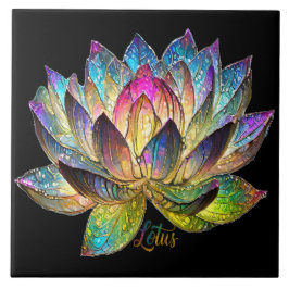 Stained Glass Colorful Lotus Flower on Black タイル