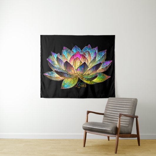 Stained Glass Colorful Lotus Flower on Black タペストリー (インサイチュ(横))