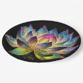 Stained Glass Colorful Lotus Flower on Black ペーパープレート (アングル)