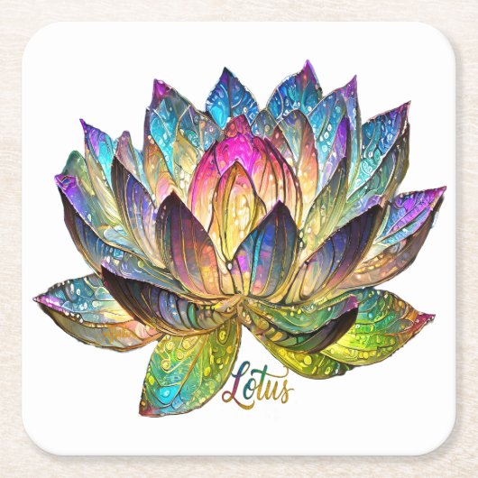 Stained Glass Colorful Lotus Flower on White  スクエアペーパーコースター (正面)