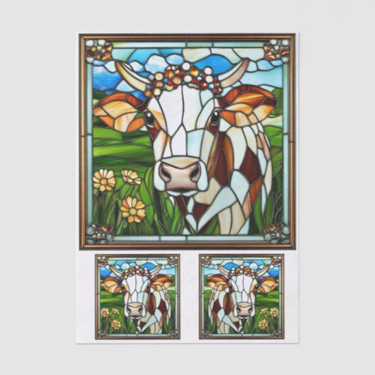 Stained Glass Cow with Floral Crown EK9L Decoupage 薄葉紙 (正面)