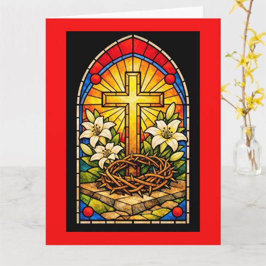 Stained Glass Cross & Lilies カード (黄色い花)