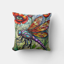 Stained Glass Dragonfly Poppies Unique Eye Art クッション