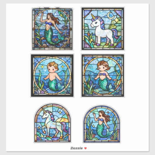 Stained Glass Fantasy Sticker Set – Mermaids & Uni シール (シート)