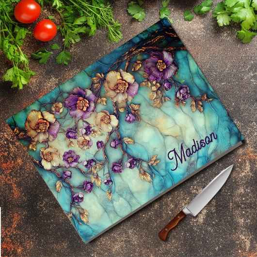 Stained glass floral blue purple カッティングボード