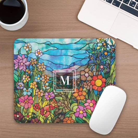 Stained Glass Flower Garden Monogram Mousepad マウスパッド