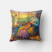 Stained Glass Grandma Knitting, Cat & Cozy Home  クッション (裏面)
