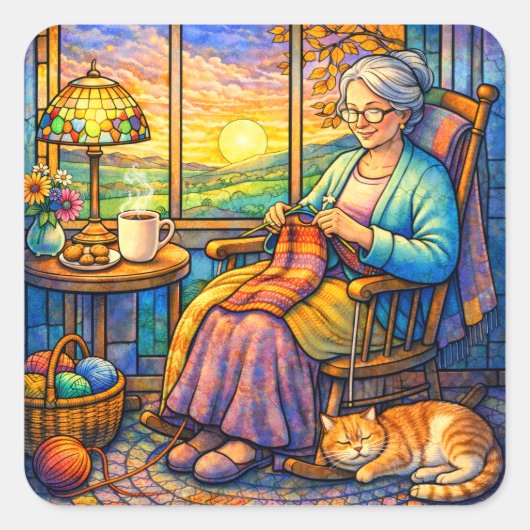 Stained Glass Grandma Knitting, Cat & Cozy Home  スクエアシール (正面)