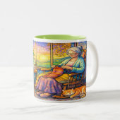Stained Glass Grandma Mug Knitting, Cat & Cozy ツートーンマグカップ (正面右)