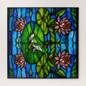 Stained Glass Green Frog and Water Lily Flowers  ジグソーパズル (横)