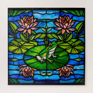 Stained Glass Green Frog and Water Lily Flowers  ジグソーパズル