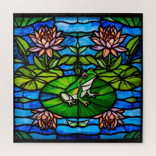 Stained Glass Green Frog and Water Lily Flowers  ジグソーパズル (縦)