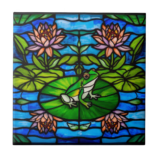 Stained Glass Green Frog and Water Lily Flowers  タイル