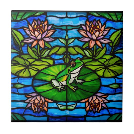 Stained Glass Green Frog and Water Lily Flowers  タイル (正面)