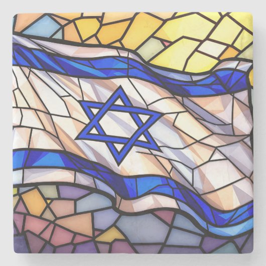 Stained Glass Israel Flag Mosaic Judaica Art ストーンコースター (正面)
