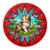 Stained Glass Kitten Floral セラミックノブ (正面)