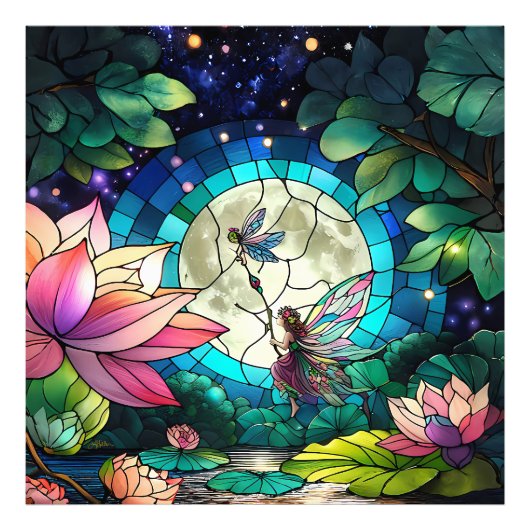 Stained Glass Little Fairy With Dragonfly フォトプリント (正面)