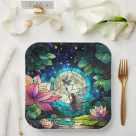 Stained Glass Little Fairy With Dragonfly ペーパープレート