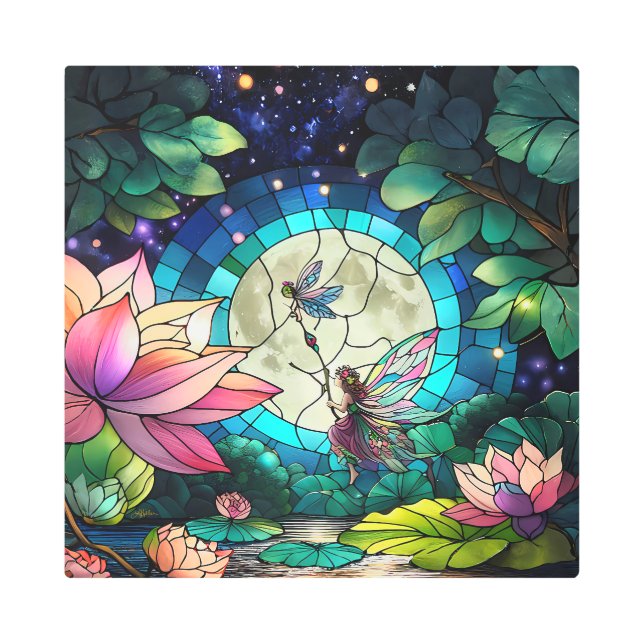 Stained Glass Little Fairy With Dragonfly メタルプリント (正面)