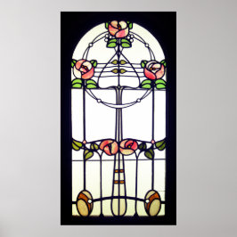 Stained glass look art nouveau floral window ポスター